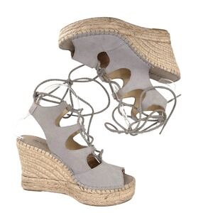 Fabiolas Gray Suede Lace Up Wedge‎ Espadrille Sandals  Size 37